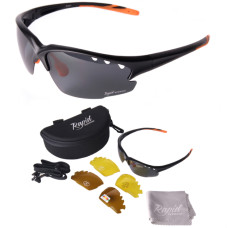Fusion Sunglasses black/orange TR90 frame, 3 lense sets, Cat 0 yellow low light, 2 beige polarised, 3 grey mirror polarised 100% UVA/B protection by Rapid Eyewear SRP $79.99