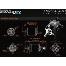 Dual Sky XM2834EA-11 V3 1370kv 348w 15E Brushless Outrunner XMotor 77g 9x5 - 12x6E Prop SRP $126.49 Dual Sky XM2834EA-11 V3 1370kv 348w 15E Brushless Outrunner XMotor 77g 9x5 - 12x6E Prop SRP $126.49