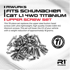 R1 WURKS Fits Schumacher Cat L1 4wd Titanium upper Screw Set 70-piece set replaces upper button head screws with high-quality Grade 5 (6Al-4V) titanium screws SRP $223.56 R1 WURKS Fits Schumacher Cat L1 4wd Titanium upper Screw Set 70-piece set replaces upper button head screws with high-quality Grade 5 (6Al-4V) titanium screws SRP $223.56